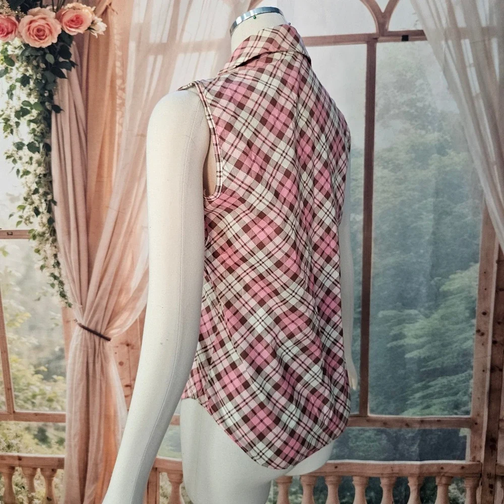 Vintage 1970s Pink Brown Plaid Sleeveless Button Down Shirt Pointed Collar - Picture 8 of 10